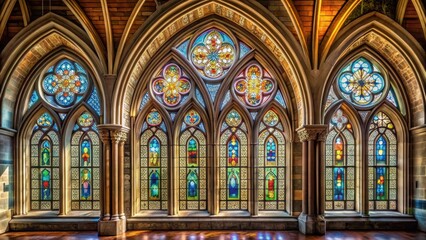 Obraz premium Ornate Arched Windows in Old Church Building , stained glass windows