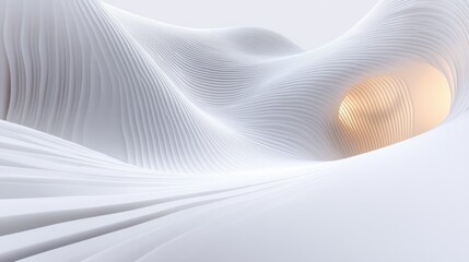Smooth flowing white abstract waves forming curved ridges and an illuminated hollow space emitting warm light