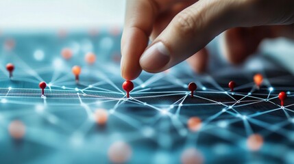 Close-up of a hand placing a red pin on a connected network map with multiple red pins linked by glowing lines representing connections and data points