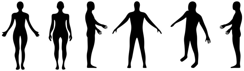 Man and woman body silhouette. Vector human figure outline. Male and female front view body shapes standing full height. Bare and naked slim healthy people