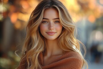 Obraz premium Portrait of a smiling young woman with long wavy blonde hair and freckles wearing a cozy brown sweater in warm sunlight