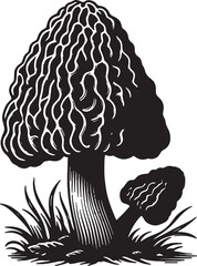 Fototapeta premium A black and white illustration of two morel mushrooms in a grassy environment art