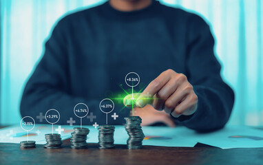 The concept of increasing interest rates, business value ratio and investment arrows up, business growth, stocks, mutual funds, high exchange rates, long-term investment