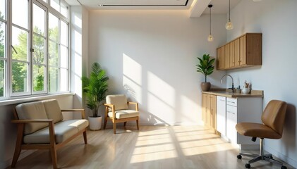 Clean, modern dentist office waiting room with comfortable seating and natural light , peaceful, calm