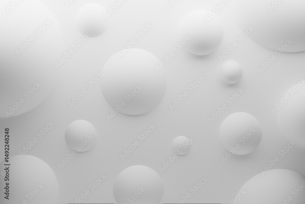 Poster white spheres minimalist abstract background. floating matt smooth spheres as pattern. 3d rendering.