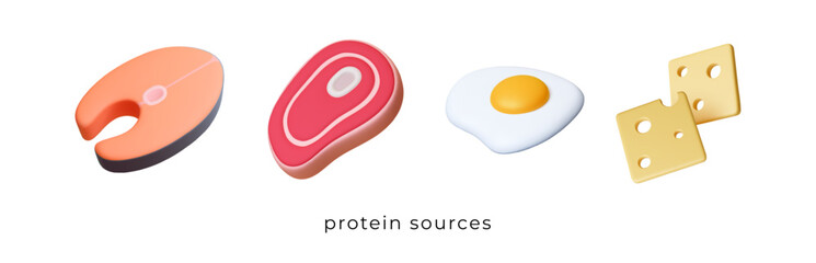 Protein sources 3d icons. Meat fish steak, eggs and cheese. Isolated realistic food, barbecue, breakfast dinner or lunch. Dieting, nutrition vector set