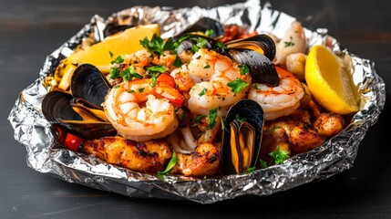 Grilled Shrimp and Mussels in Foil with Lemon and Fresh Herbs Served on a Dark Wooden Background