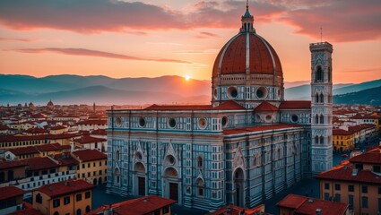 Fototapeta premium Golden light illuminates Florence Cathedral at sunset, showcasing architectural fidelity and a serene skyline with mountains in the distance, truly high fidelity.