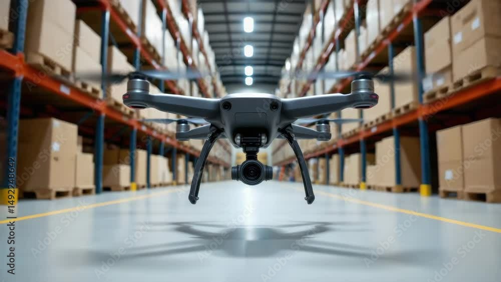 Poster drone technology for warehouse inventory management with boxes on shelves and efficient storage usin