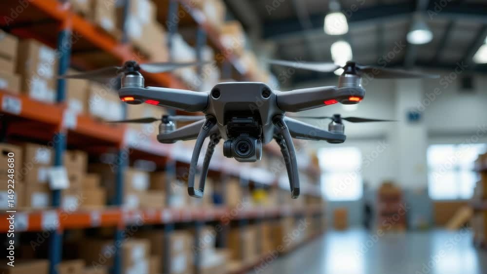 Poster drone flying in warehouse for inventory management with boxes on shelves using camera technology for