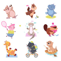 Animals doing exercise. Cute animal in active poses, sport characters. Isolated cartoon otter pig giraffe hippo. Hockey, tennis, cycling, nowaday vector set