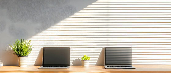 Two Laptops On Wooden Table In Modern Office Space