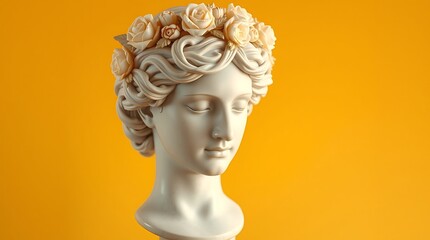 Bust of a woman with a flower crown against a bright yellow background in a studio setting art piece