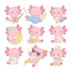 Axolotl characters. Baby axolotls, cartoon funny salamanders in different situations. Cute amphibian walking, sleeping, cooking, nowaday vector set