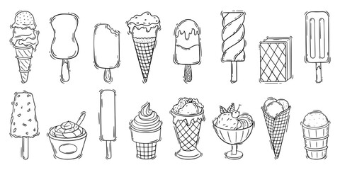 Doodle ice cream. Sketch ice cream in waffle cones, popsicles eskimo. Isolated cold sweet creamy desserts with fruits and choco, neoteric vector clipart