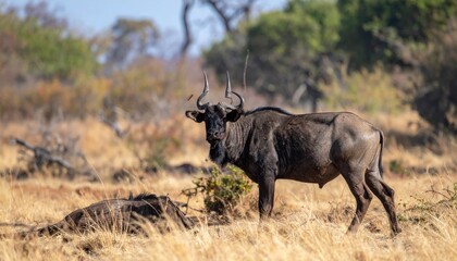 Naklejka premium Magnificent wildebeest portrait in its natural habitat showcasing african wildlife