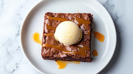 Delicious Chocolate Brownie with Creamy Ice Cream and Caramel Sauce on a Marble Background