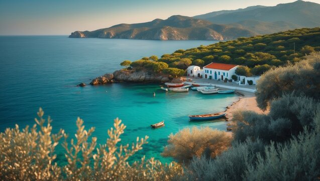 Serene Ionian coastal scene of Kastos Island, Greece, showcases traditional white buildings and clear turquoise waters at golden hour, captured with high fidelity.