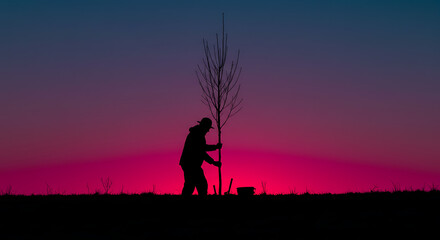 Fototapeta premium Planting hope vibrant sunset silhouette peaceful moment nature beauty new life begins