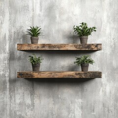Stylish shelves with potted plants against a textured wall.