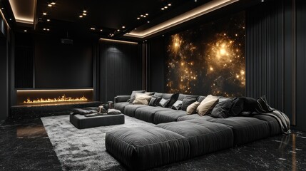 Luxurious home theater, galaxy wall, fireplace, movie night