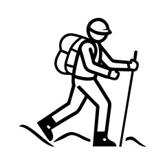 Obraz premium Hiking icon with a backpack and walking stick in a minimalist style 