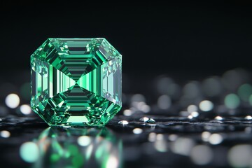 The Green Emerald shines beautifully against a refined backdrop, symbolizing luxury, wealth, and quality for exclusive jewelry or decorative purposes
