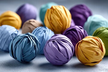 Fototapeta premium Colorful paper balls arranged on a surface showcasing creativity and texture in a vibrant art activity