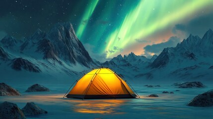Glowing orange tent illuminated under vibrant green northern lights in a snowy mountainous landscape at twilight