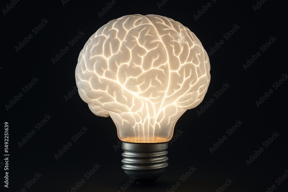 Poster neural bulb illuminating intelligence, depicting human brain's power as an innovative idea source in