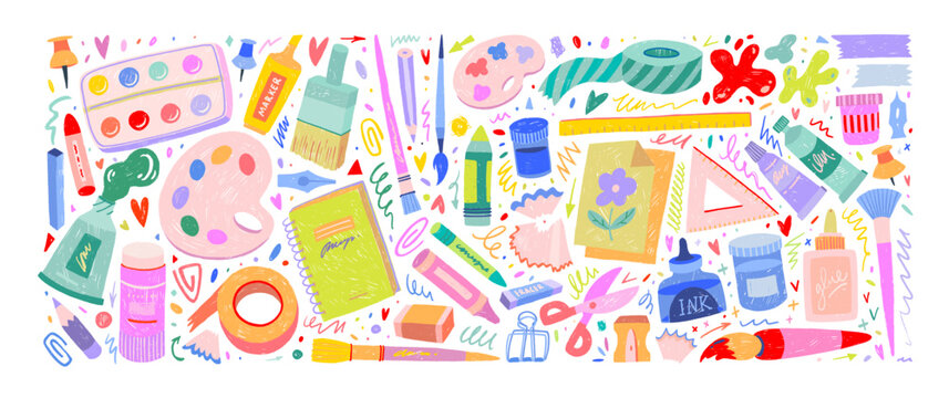 Crayon drawn set of artists painting supplies and stationary. Paint tubes, brushes, palettes and kid's school stationery. Doodle art supplies, funky icons with pencil texture. Colorful painting tools