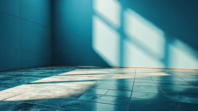 Sunlit teal room with tiled floor, empty space