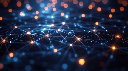A futuristic glowing digital network with interconnected nodes and cyber lines