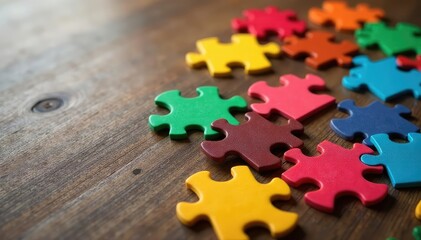 Colorful jigsaw puzzle pieces scattered on a wooden table, close-up view , puzzle, puzzle pieces, pastime