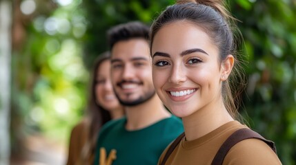 Obraz premium Smiling young woman with friends in a vibrant outdoor setting surrounded by greenery and natural light