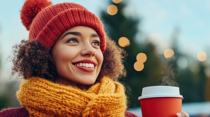 Smiling woman in red hat and yellow scarf holding hot beverage during festive winter season outdoors