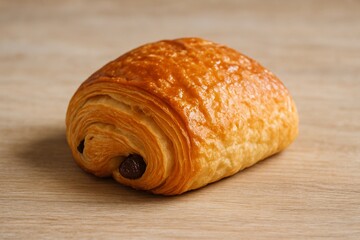 Freshly baked pain au chocolat on wooden surface
