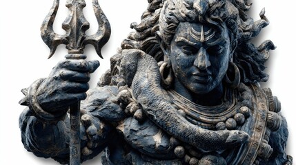 Divine lord shiva sculpture holding trident and damaru with serpent in an artistic serene setting