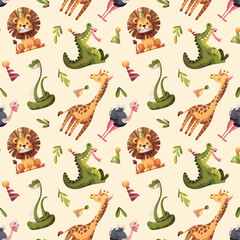 Seamless pattern with cute crocodile, lion, giraffe, ostrich, snake. Birthday concept. Vector illustration for scrapbooking, background, wrapping paper.