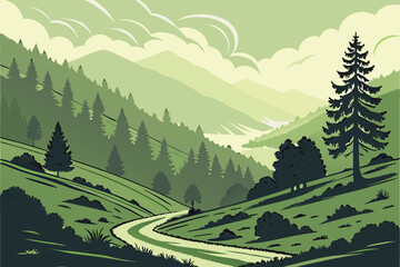 Fototapeta premium 111 lush green tea plantation, rolling hills, beautiful landscape, misty atmosphere, winding path, dense forest, serene nature, vibrant colors, tranquil scene, scenic countryside