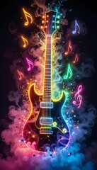 Obraz premium Neon Electric Guitar with Musical Notes in Colorful Smoke and Sparks – High Detail Dreamy Background