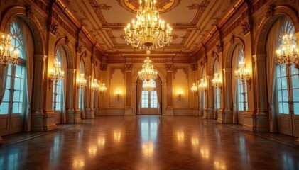 Fototapeta premium Elegant chandeliers illuminate a grand ballroom with ornate gold detailing , elegant, classic, golden
