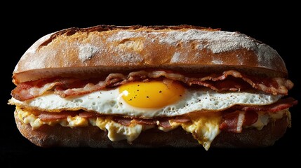 Bacon, egg, and cheese baguette sandwich, dark background, breakfast food photography