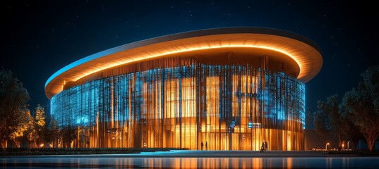 Obraz premium Modern, Illuminated Circular Building Architecture at Night, Futuristic and Elegant Design Structure