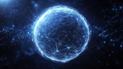 Glowing blue spherical network of interconnected lines and nodes floating in dark space