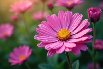 Fototapeta premium Full bloom pink aster bunch, dew drops visible , detail, starflower