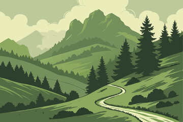 Fototapeta premium 112 a lush green mountain landscape with a winding road, rolling hills, dense forests, and misty clouds, dramatic lighting, serene atmosphere, detailed natural scenery, cinematic