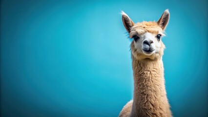 Obraz premium Alpaca standing alone on blue background with quirky expression