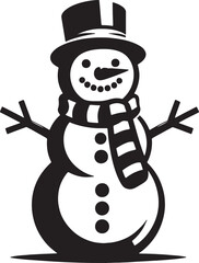 A black and white illustration of a snowman with a hat and scarf on a white background