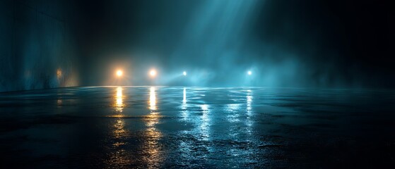 Empty dark urban street with wet asphalt reflecting neon lights and spotlights through swirling smoke and smog on concrete floor